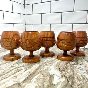 Vintage MCM Monkey Pod Wood Wine Water Goblets Glasses Tiki Hand Carved Set of 5